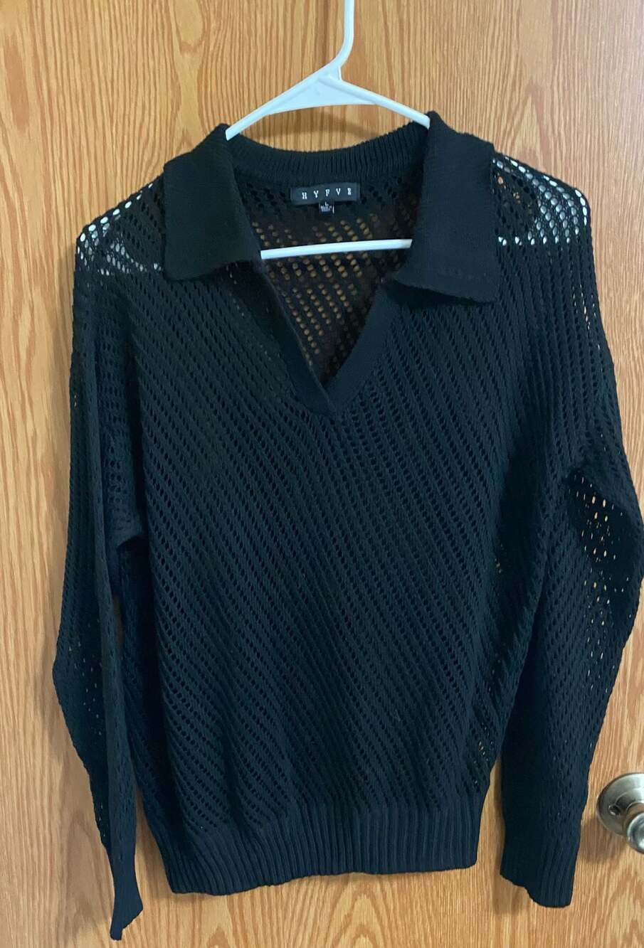 Black Open Knit Collared V-Neck Sweater Long Sleeve Mesh Crochet Y2K Grunge L